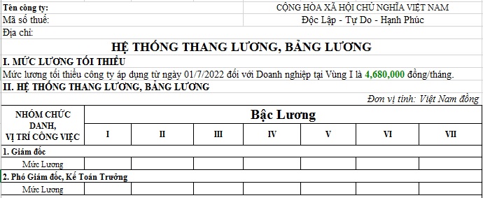 Mẫu thang bảng lương công ty cổ phần